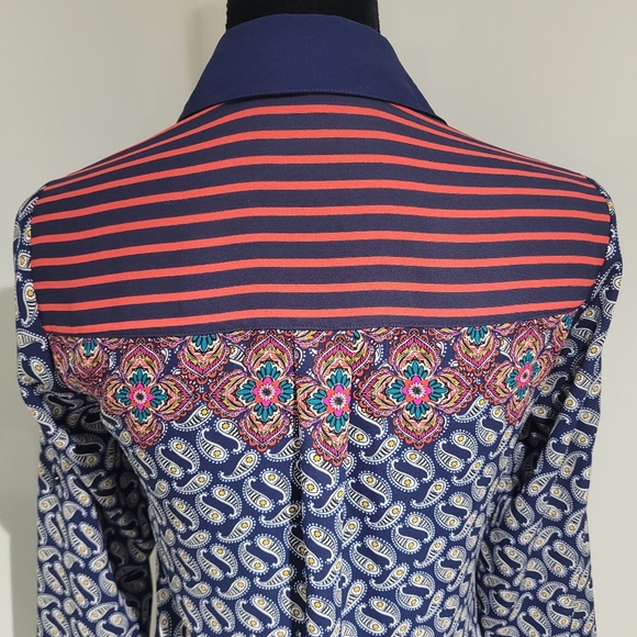 Express Women's Portofino Slim Fit Boho Paisley Button Up Shirt XS Blue Red - Picture 7 of 10